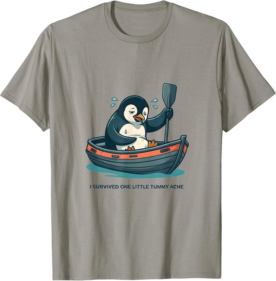 I Survived One Little Tummy Ache Funny Penguin Meme Humor T-Shirt, Men, Slate Grey, X-Large - As Pictured