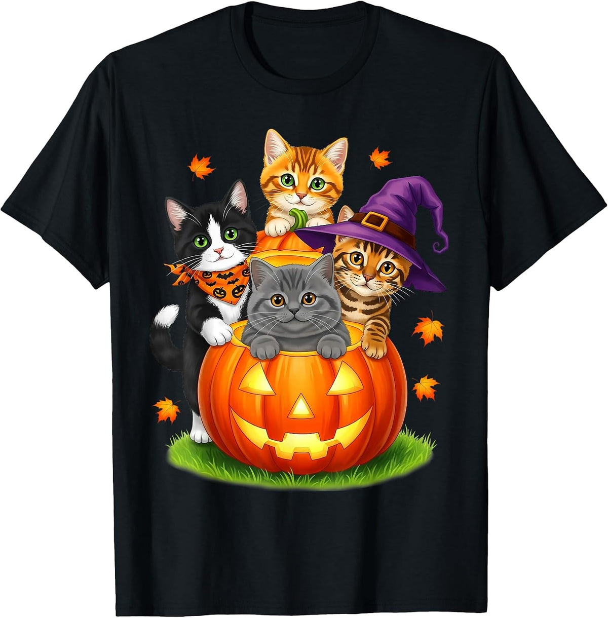 Cute Kittens Pumpkin Halloween Spooky Season Men Women Kids T-Shirt - Black