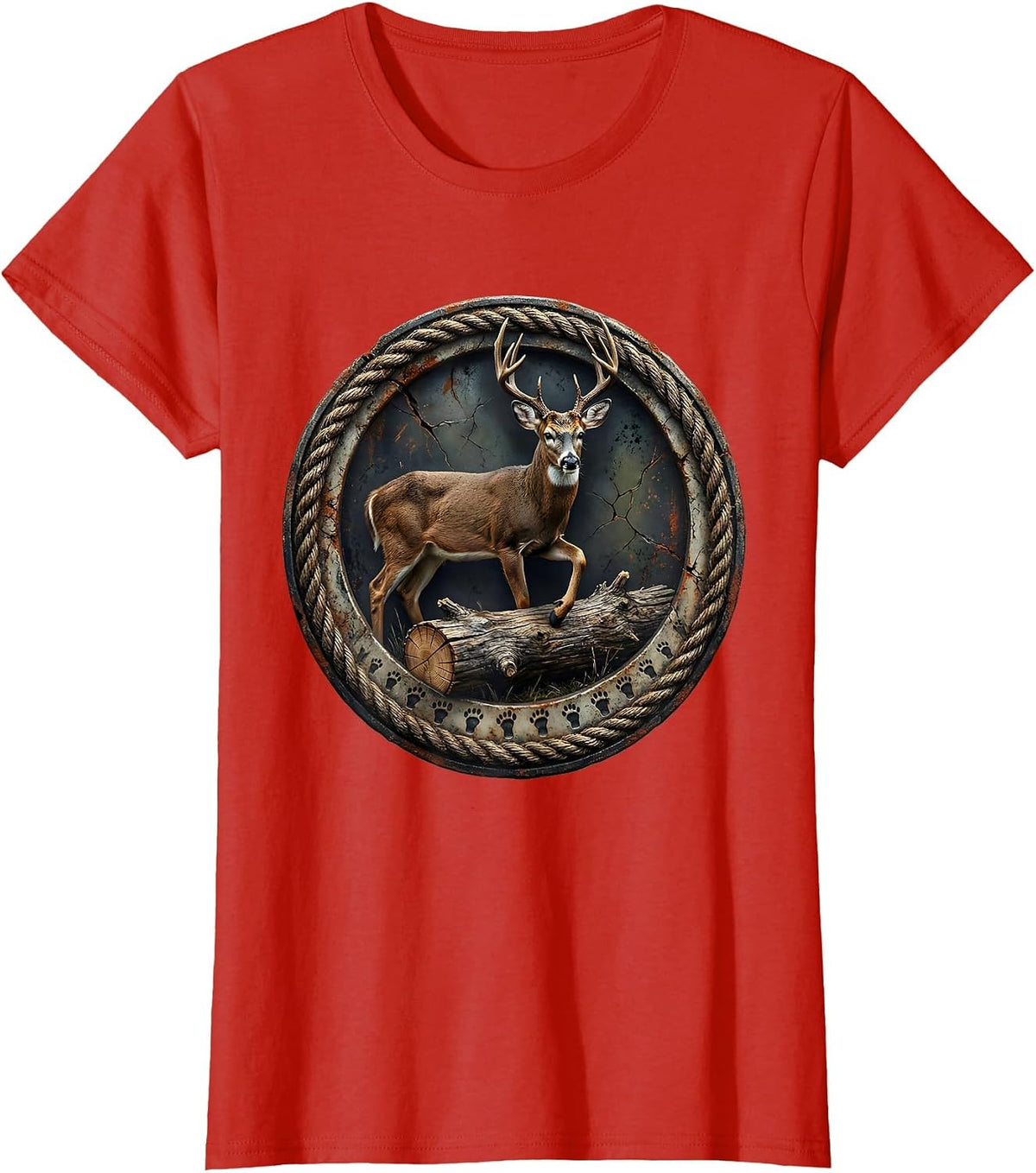 Women's Weathered Buck Badge Distressed Hunter Dad Camo T-Shirt - Red