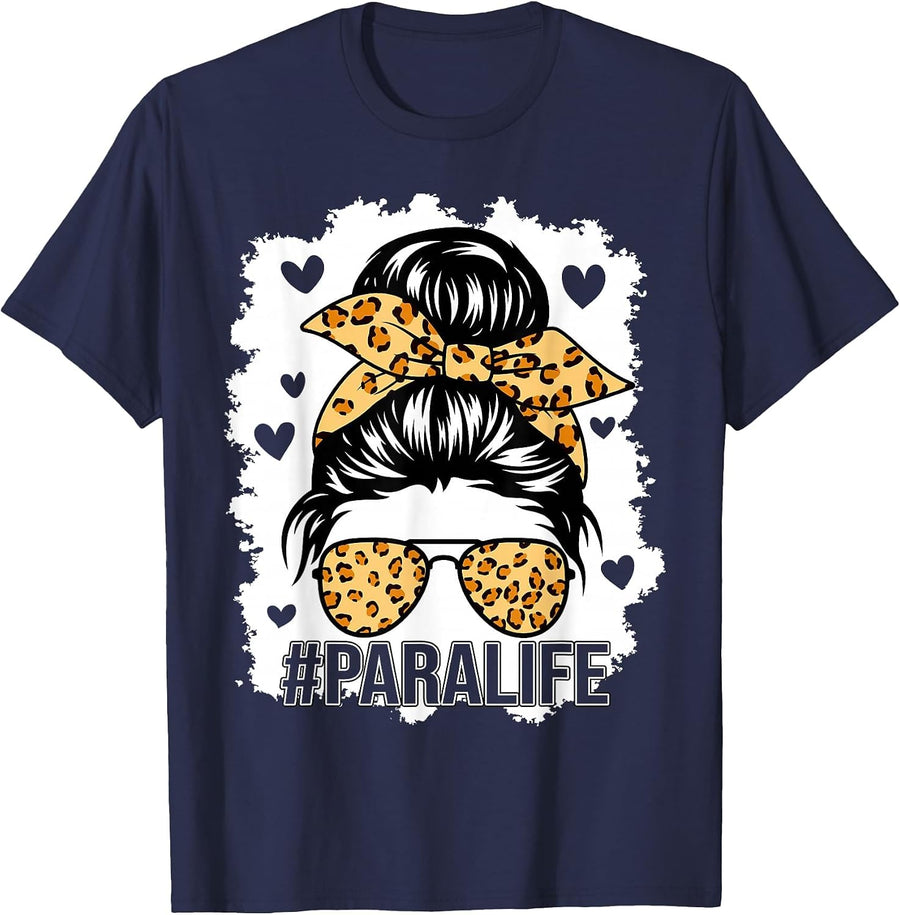 Bleached Teacher para Life Paraprofessional Cute Messy Bun T-Shirt - Navy Blue