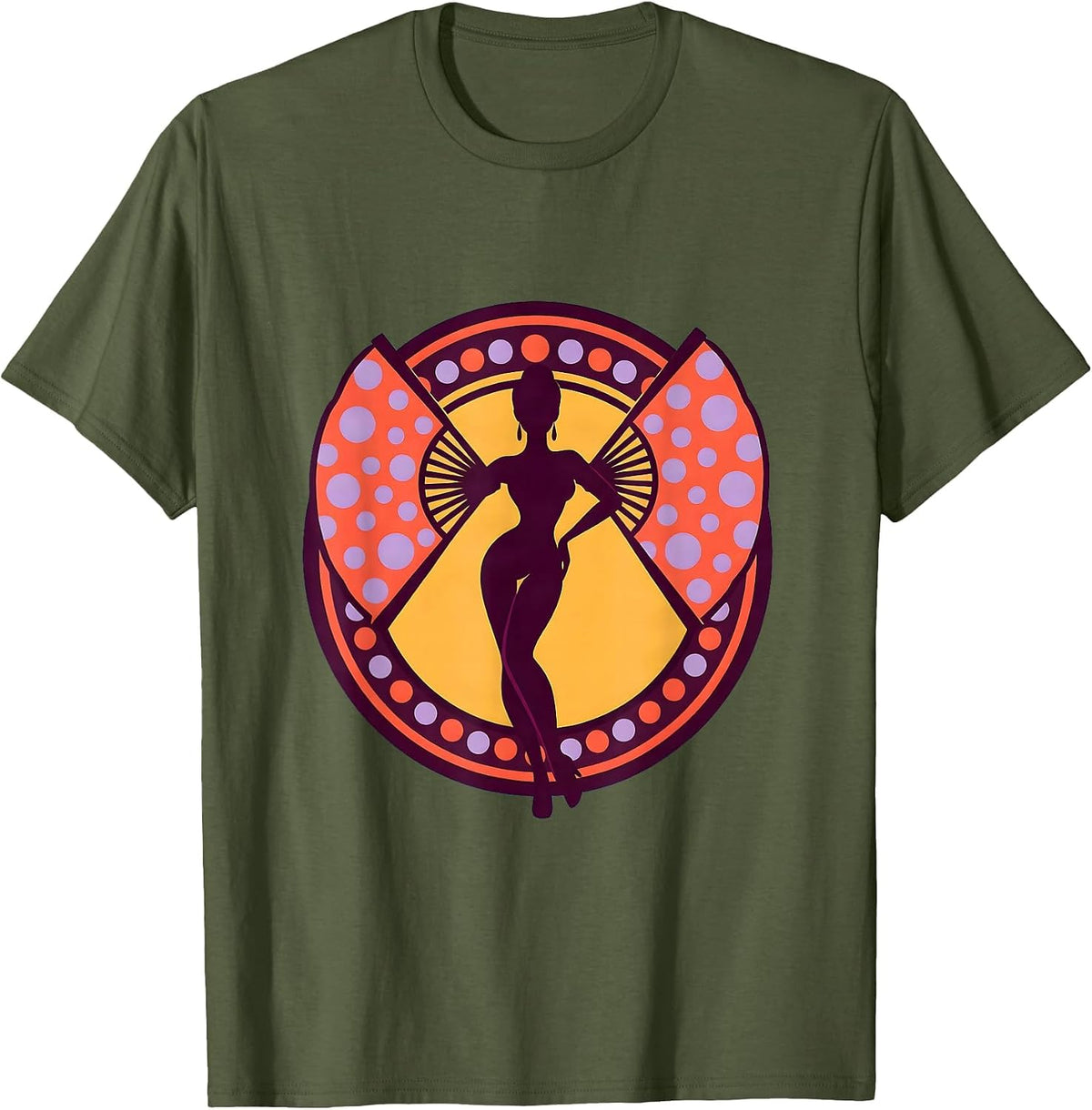 Men's Burlesque Dancer Polka Dot Fan Pose Graphic T-Shirt - Olive Green