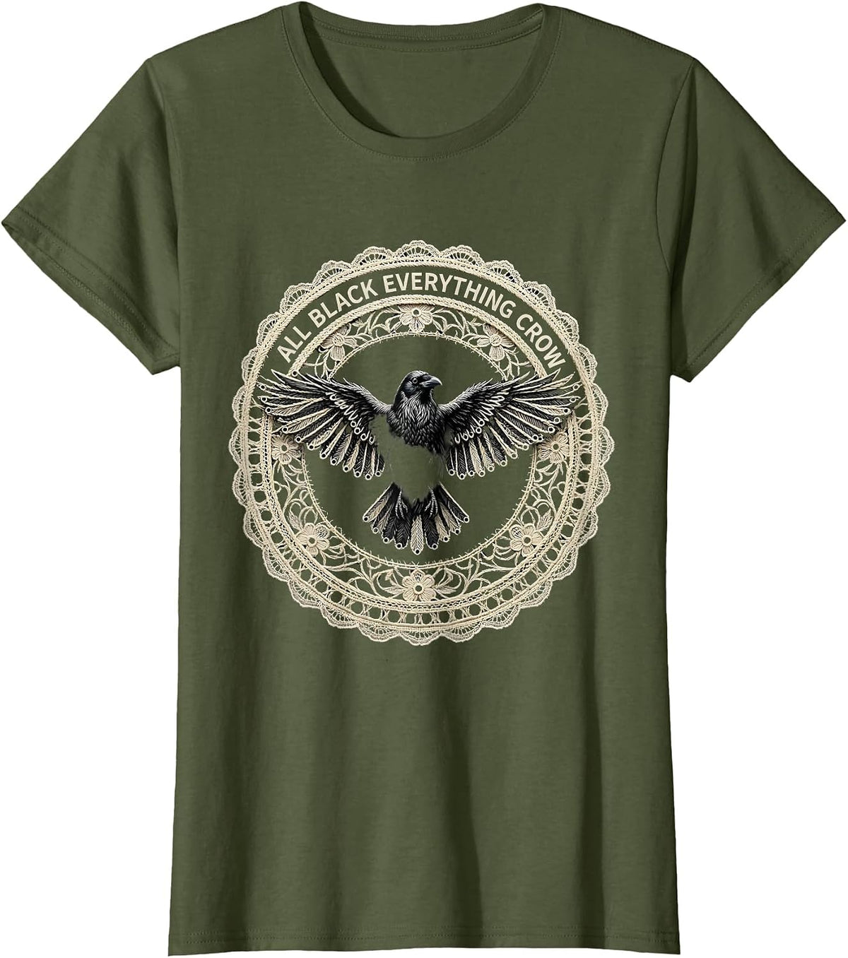 Women's All Black Everything Crow Graphic Design T-Shirt - Olive Green