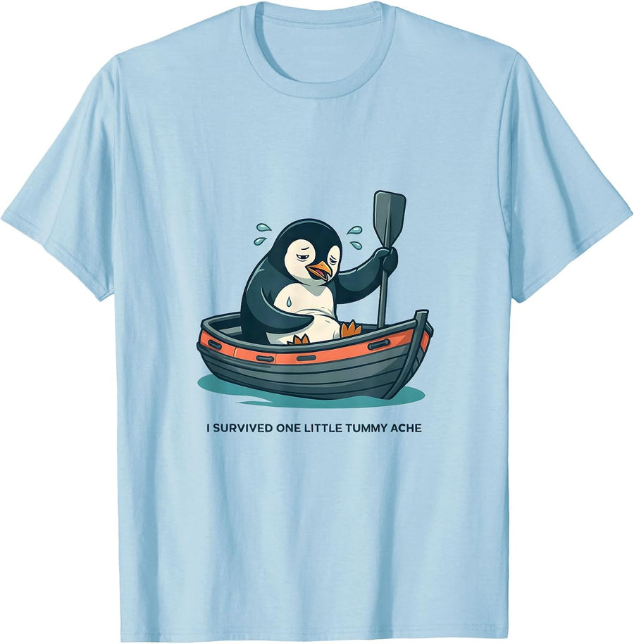 I Survived One Little Tummy Ache Funny Penguin Meme Humor T-Shirt, Men, Baby Blue, XX-Large - As Pictured