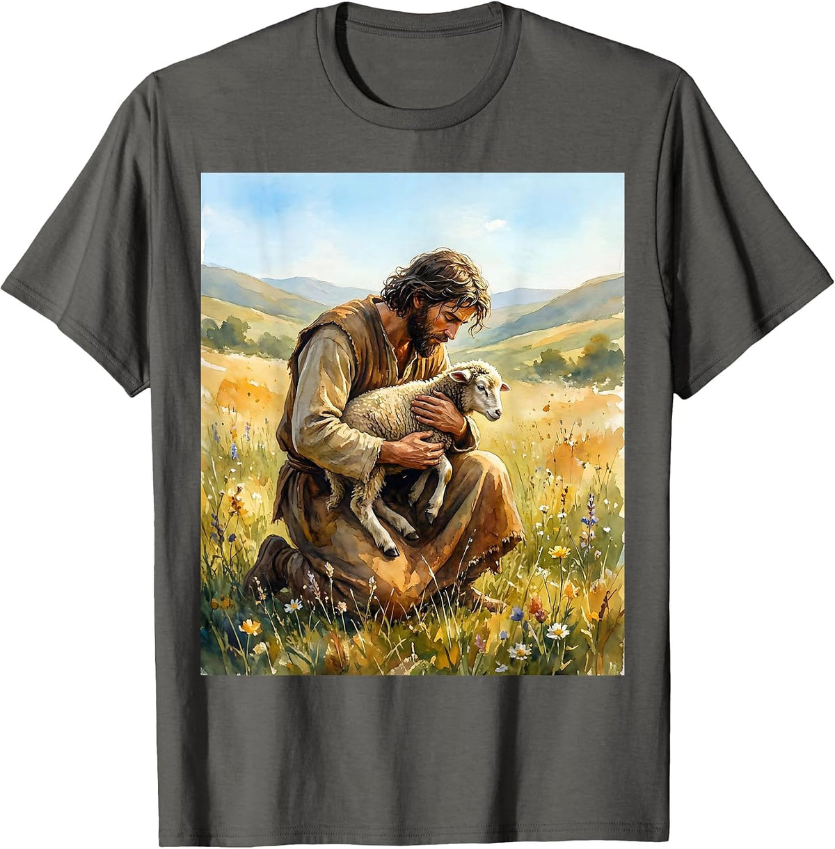 Psalm 23 Shepherd and Sheep Illustration T-Shirt - Asphalt Grey