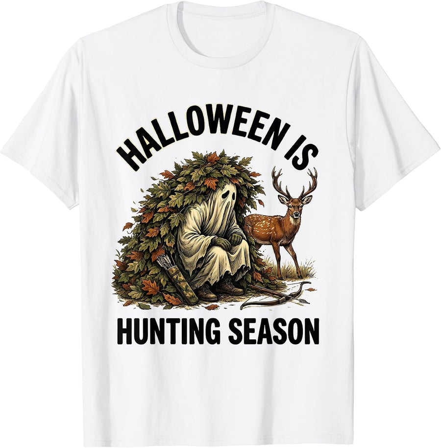 Men's Halloween Is Hunting Season Playful Camo Ghost Hunting Humor T-Shirt - White