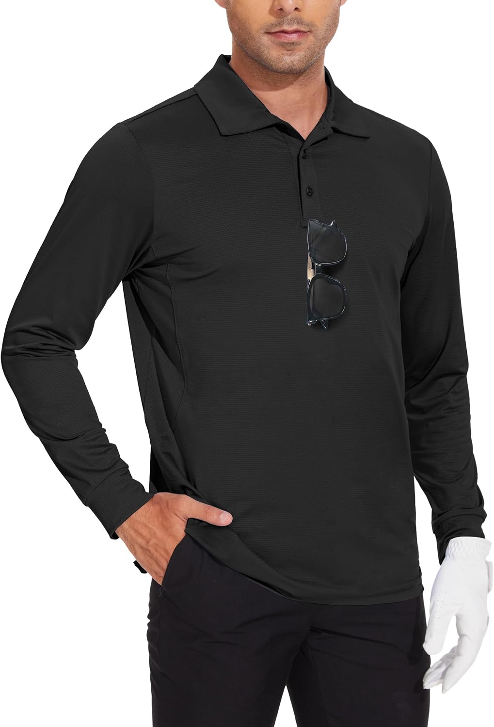 JWM Men's Long Sleeve Golf Polo Shirts with Collar Dry Fit Lightweight - Black