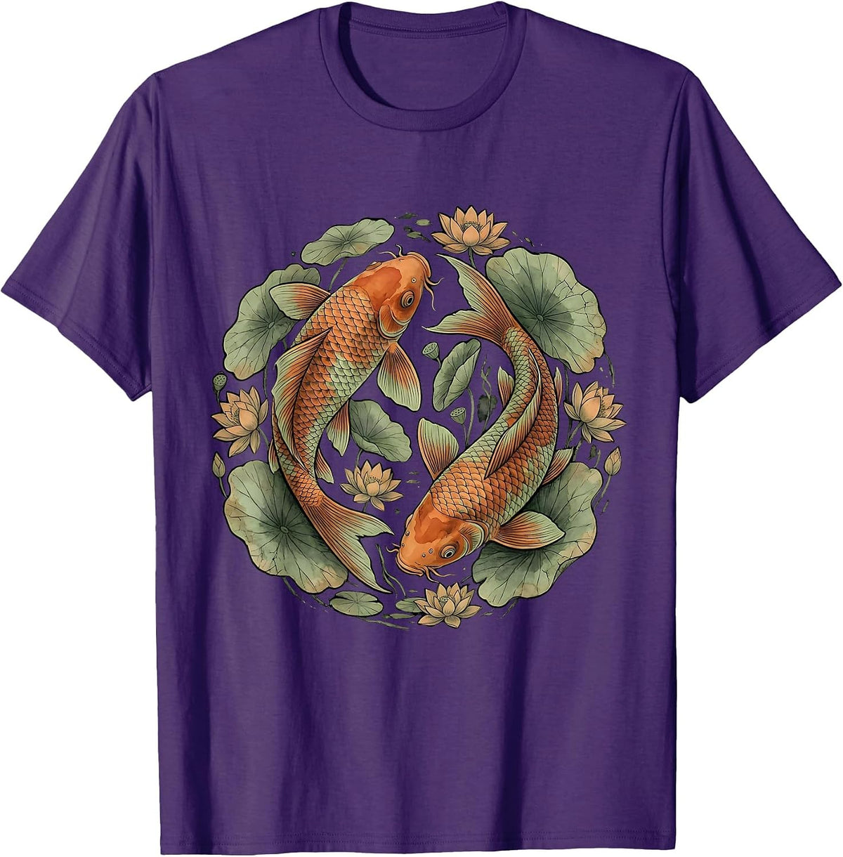 Colorful Koi Fish and Lily Pads Hawaiian Design T-Shirt - Purple