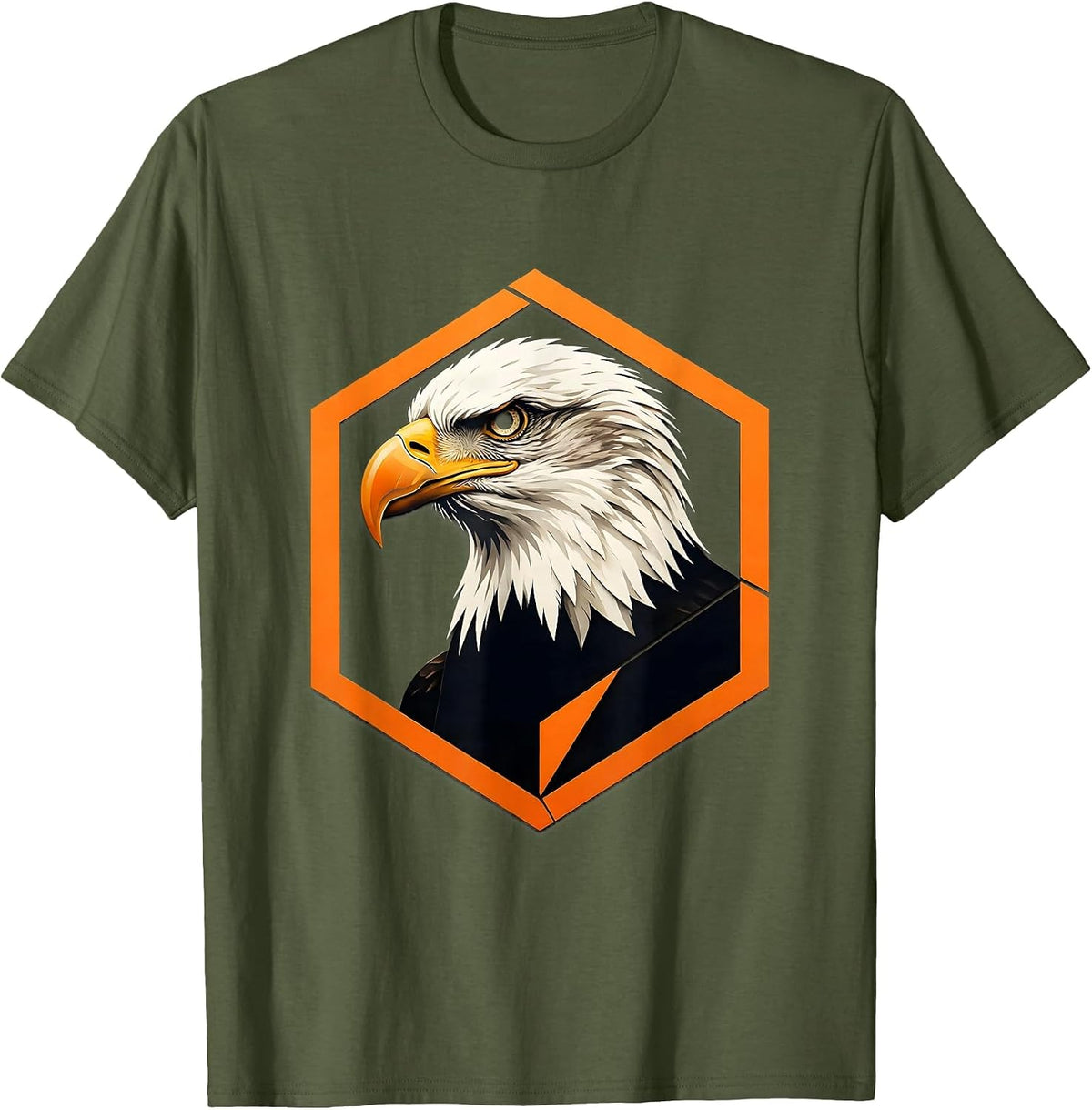Men's Hexagonal Bald Eagle Stencil Badge Family Mascot Fan Pride T-Shirt - Olive Green