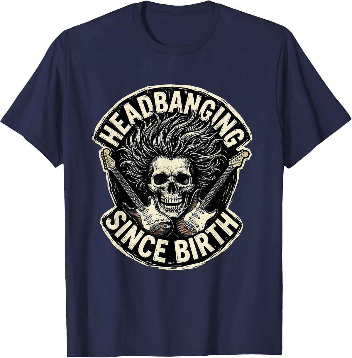Headbanging Since Birth Rock and Roll Design T-Shirt - Navy Blue