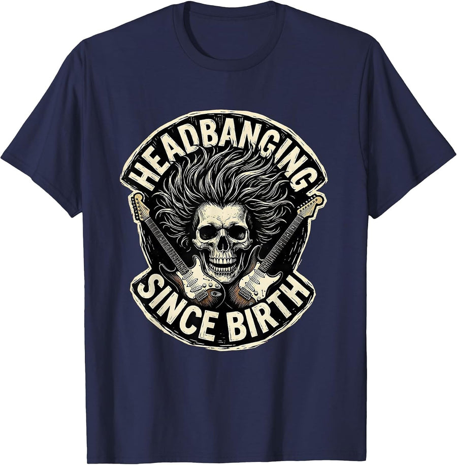 Headbanging Since Birth Rock and Roll Design T-Shirt - Navy Blue