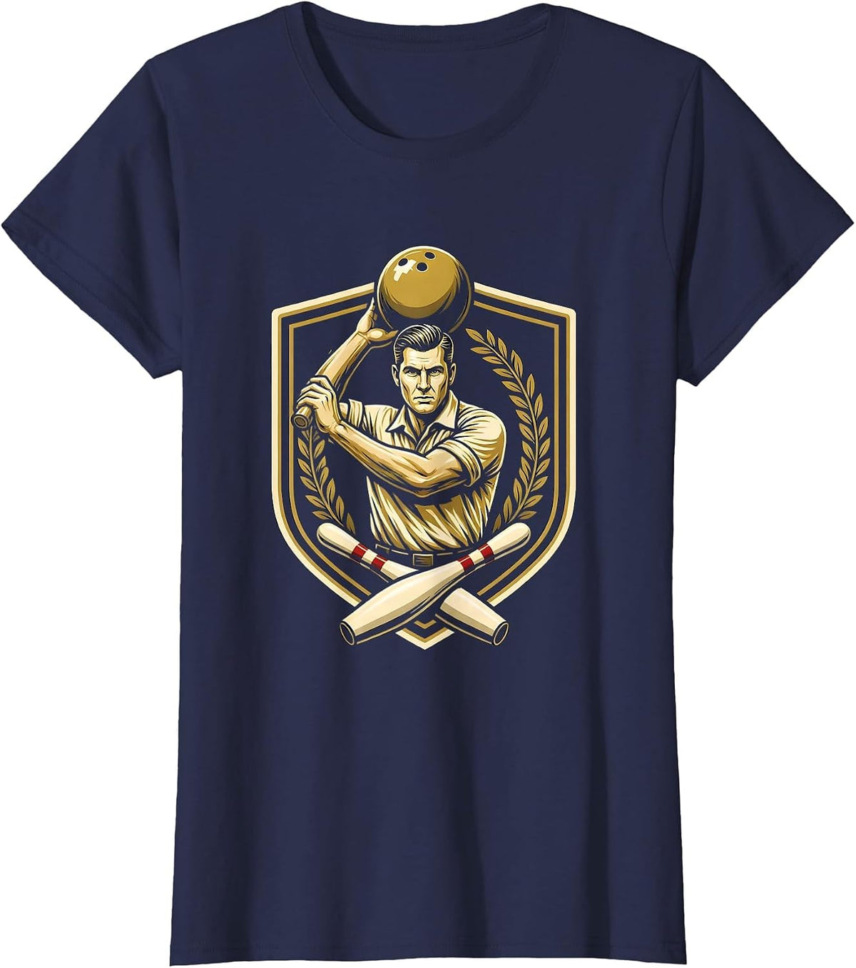 Women's Vintage 1950s Bowler Classic Retro Bowling Design T-Shirt - Navy Blue