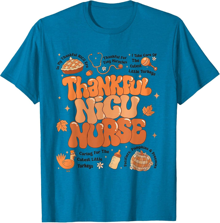 Retro Thanksgiving NICU Nurse Autumn Thankful NICU Nurse T-Shirt - Sapphire Blue