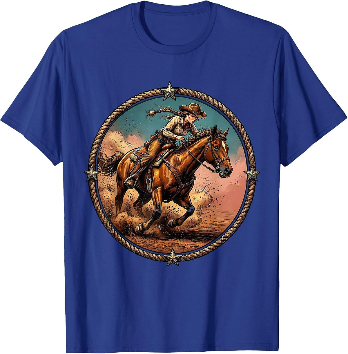 Barrel Racing Cowgirl With Braids Illustration T-Shirt - Royal Blue