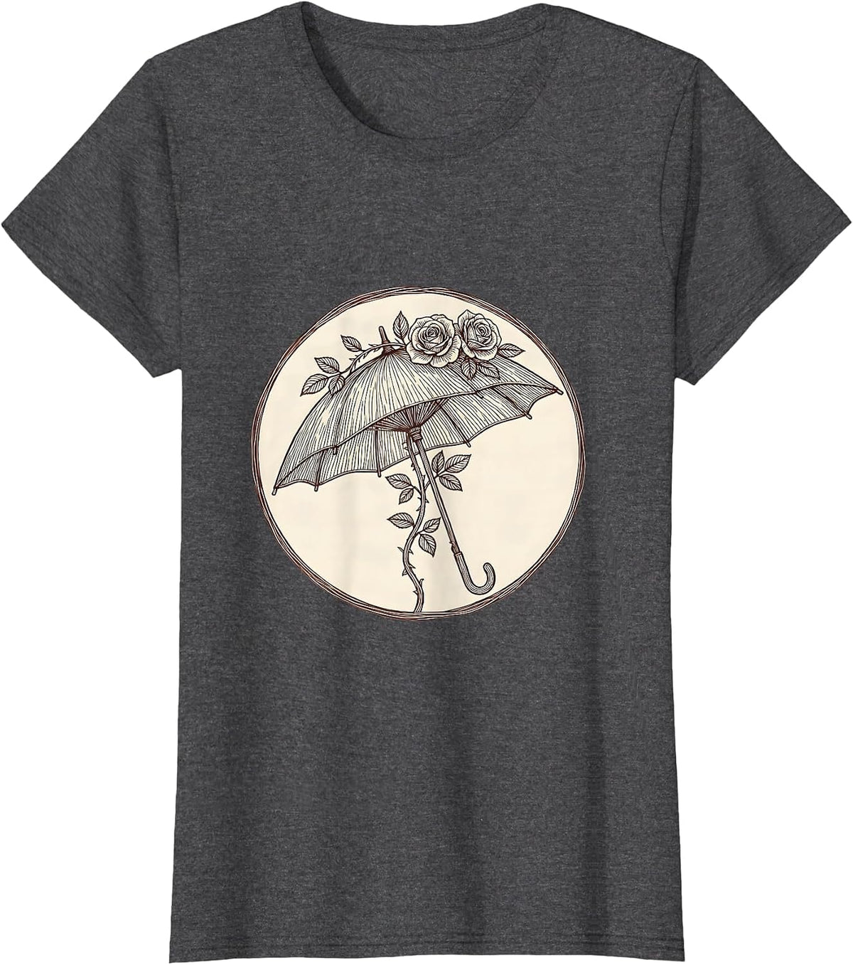 Women's Vintage Lace Parasol Climbing Roses Romantic Art T-Shirt - Dark Heather Grey