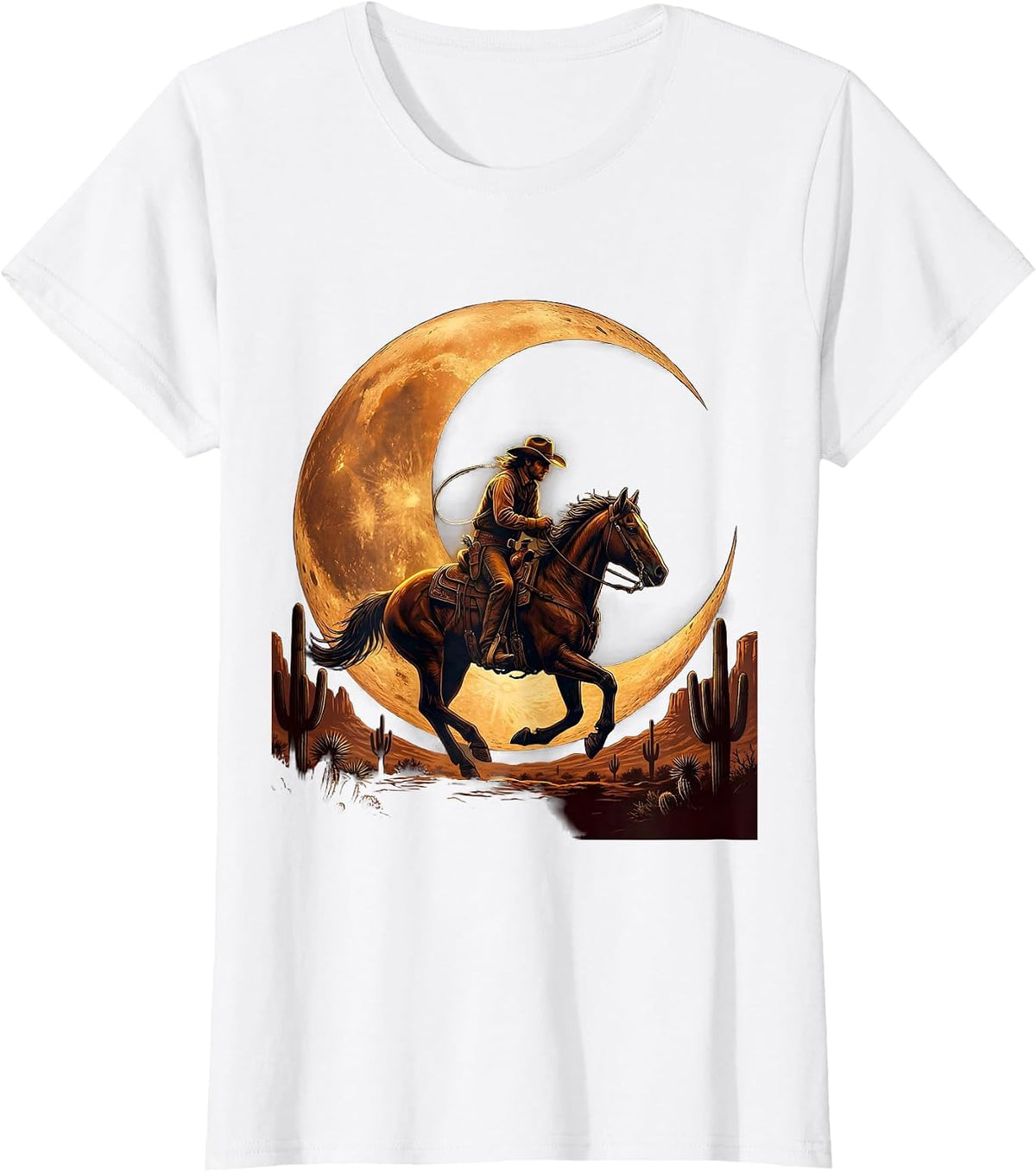 Cowboy Riding Silhouette Crescent Moon Design T-Shirt - White