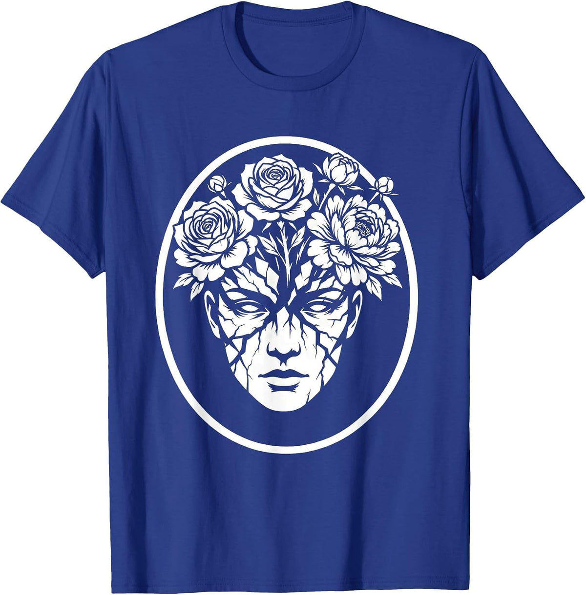 Cracked Porcelain Face Floral Bloom Art Design T-Shirt - Royal Blue