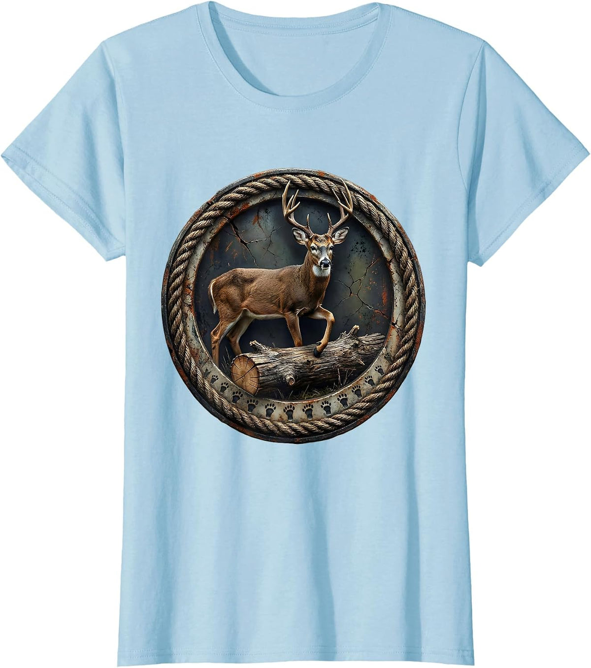 Women's Weathered Buck Badge Distressed Hunter Dad Camo T-Shirt - Baby Blue