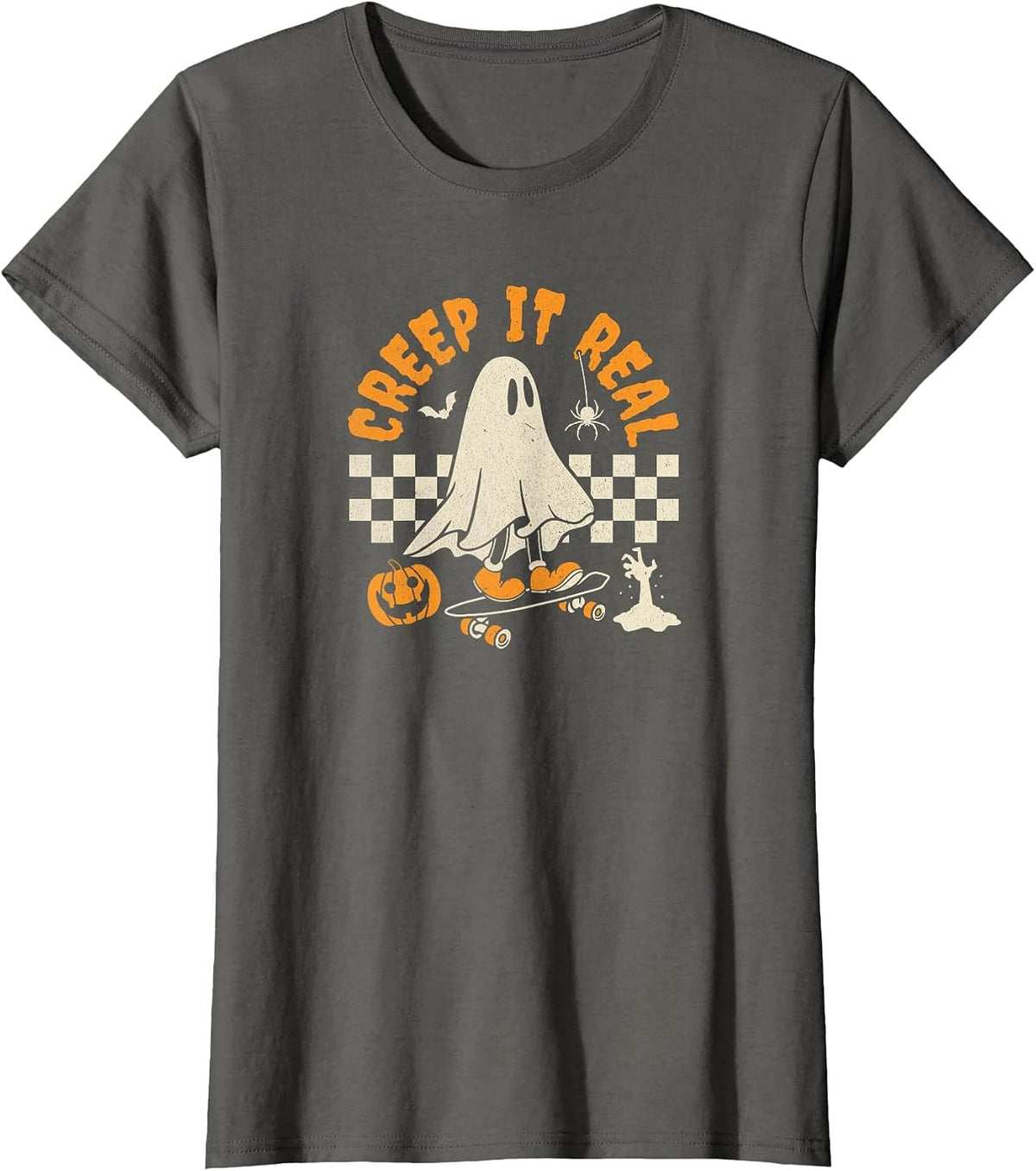 Halloween Creep it Real Ghost Skateboard for Women Kids T-Shirt - Asphalt Grey