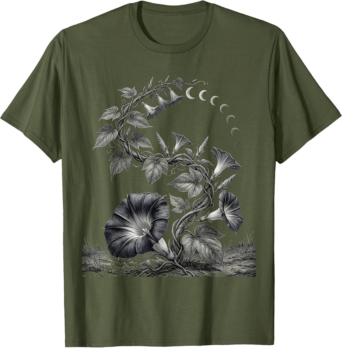Climbing Vine Crescent Moon Boho Floral Mystical T-Shirt - Olive Green
