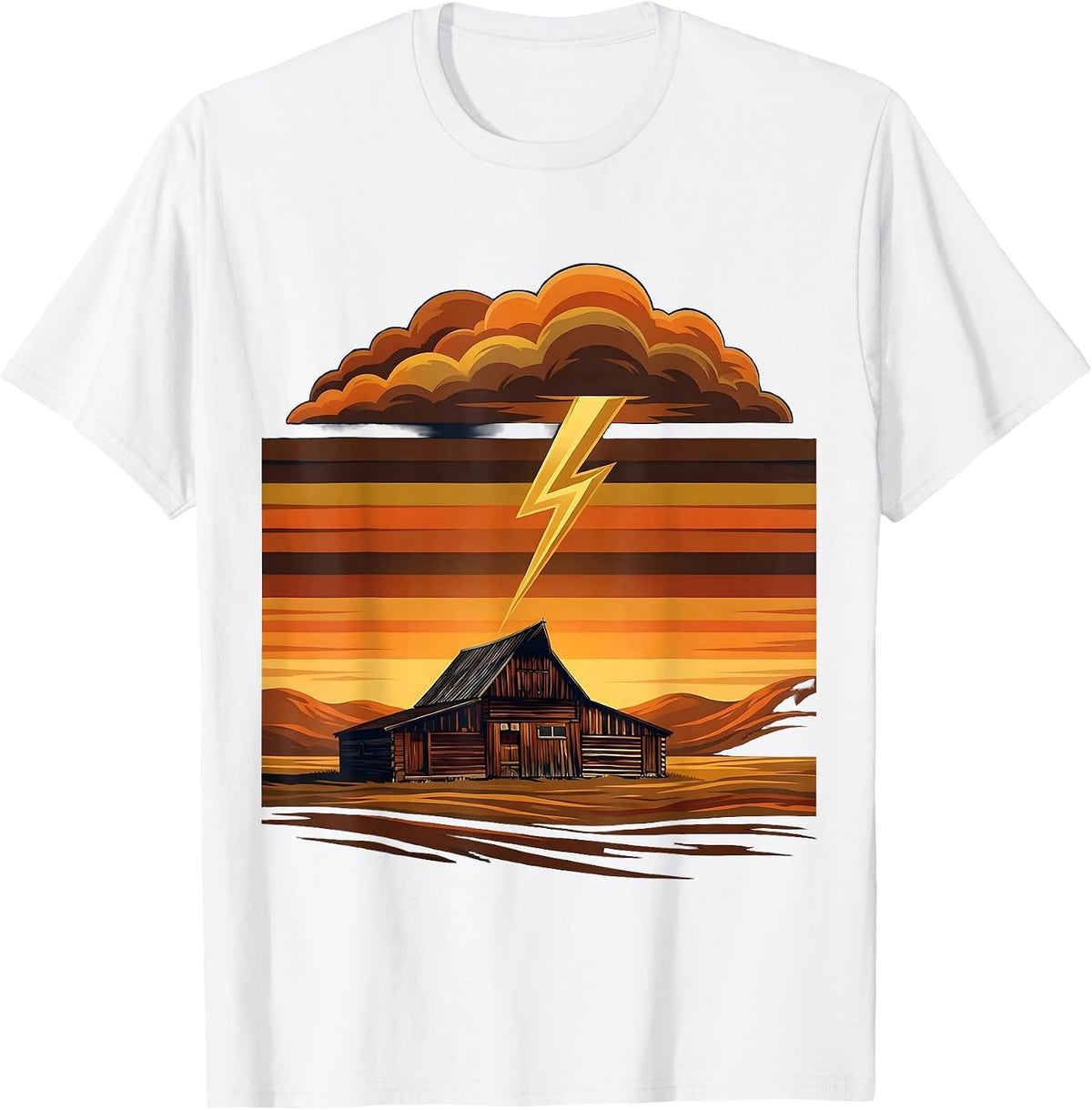 Men's Country Barn Stormy Lightning Sky Illustration T-Shirt - White
