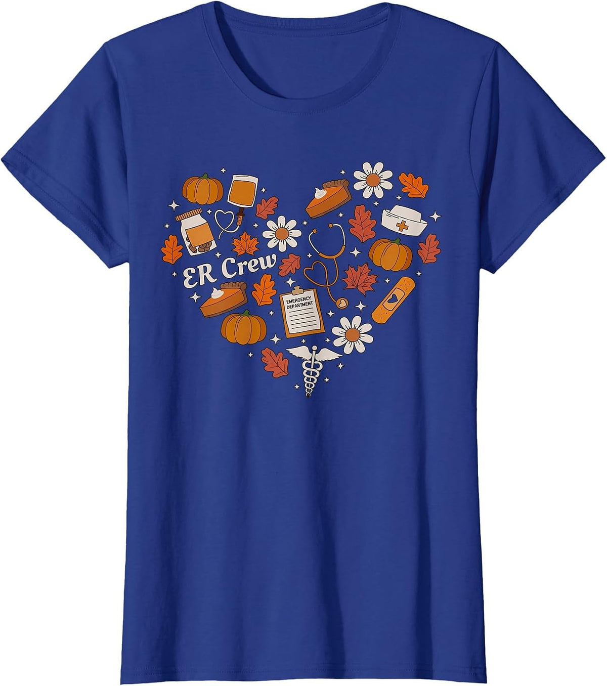 Fall Emergency Department Leaves Heartbeat Thanksgiving ER T-Shirt - Royal Blue