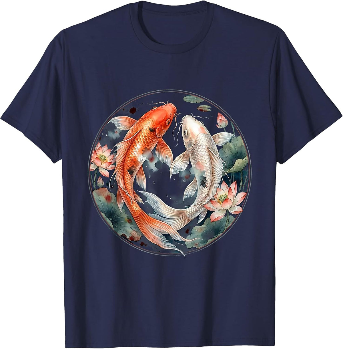 Men's Koi Fish Yin Yang Circle Illustration T-Shirt - Navy Blue