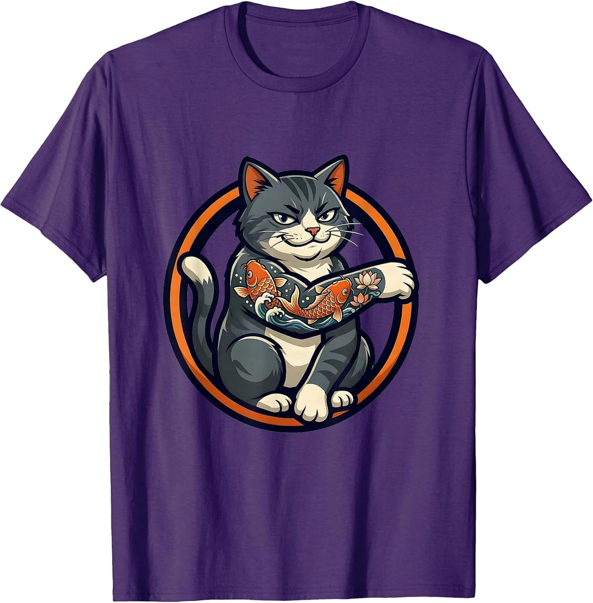 Men's Cat With Koi Fish Tattoo Sleeve Illustration T-Shirt - Purple