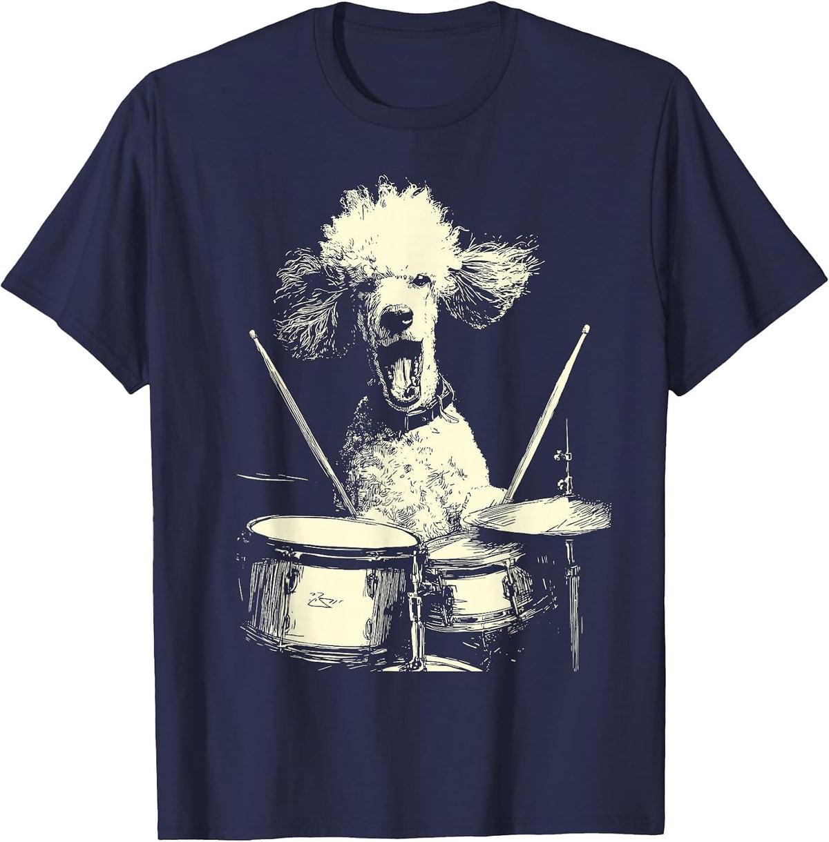 Cute Poodle Playing Drums Funny Music Dog Drummer Graphic T-Shirt - Navy Blue
