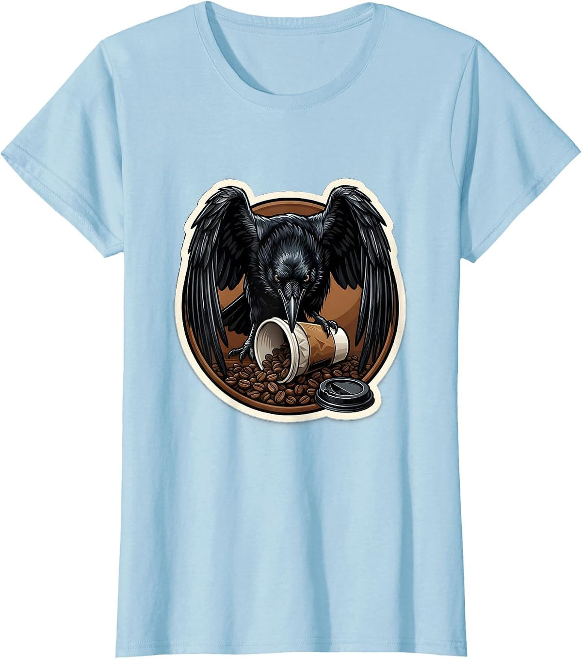 Crow Attacking Empty Coffee Cup Illustration T-Shirt - Baby Blue