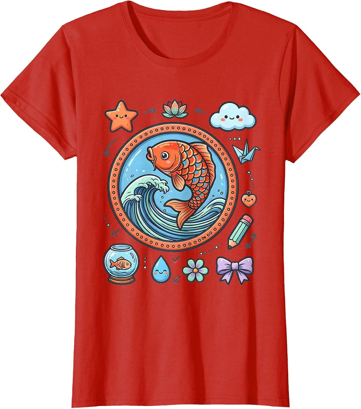 Women's Koi Fish Leaping Wave Anime Art Design T-Shirt - Red