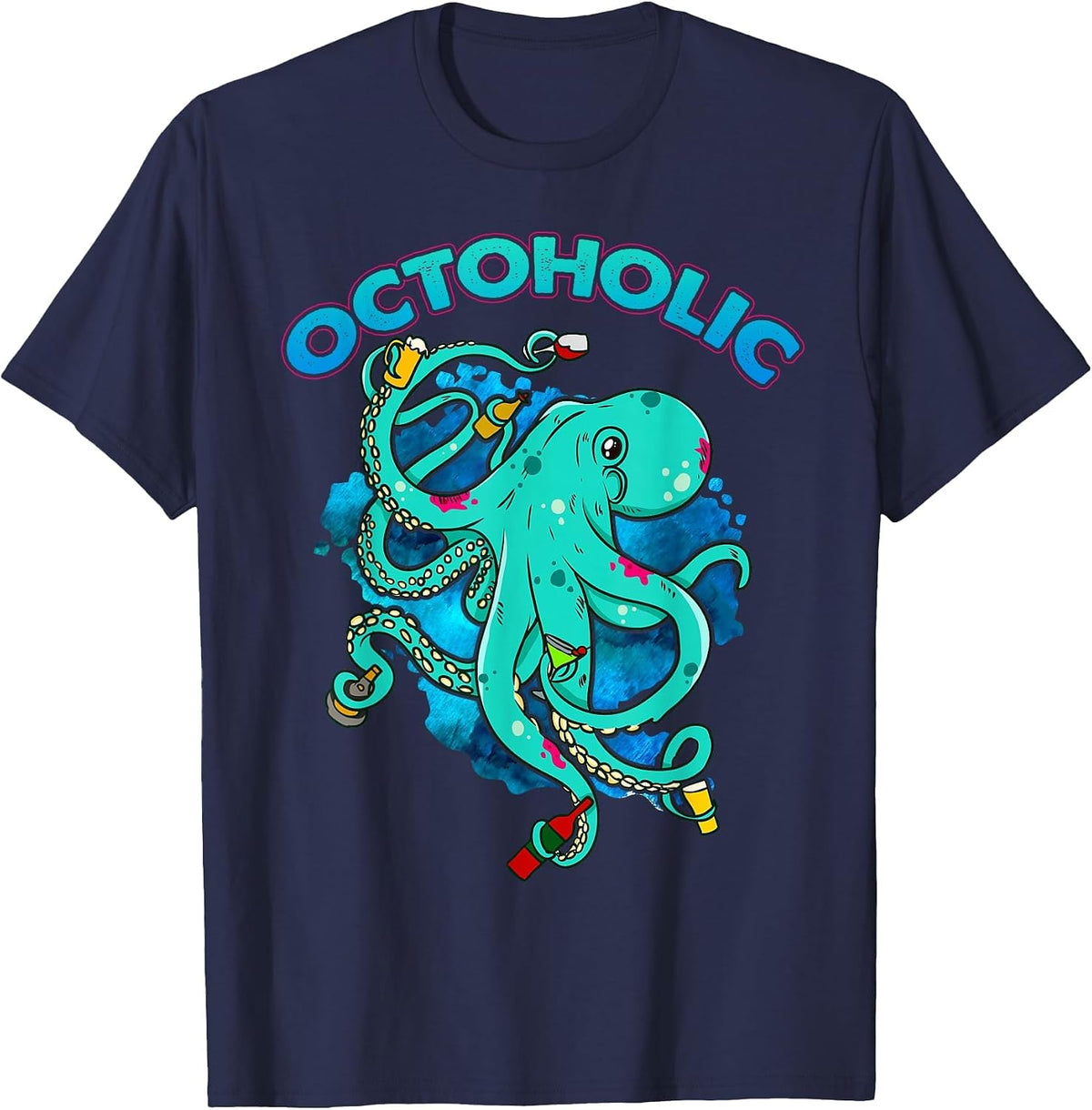 Octoholic T-Shirt Funny Octopus Drinking T-Shirt T-Shirt - Navy Blue