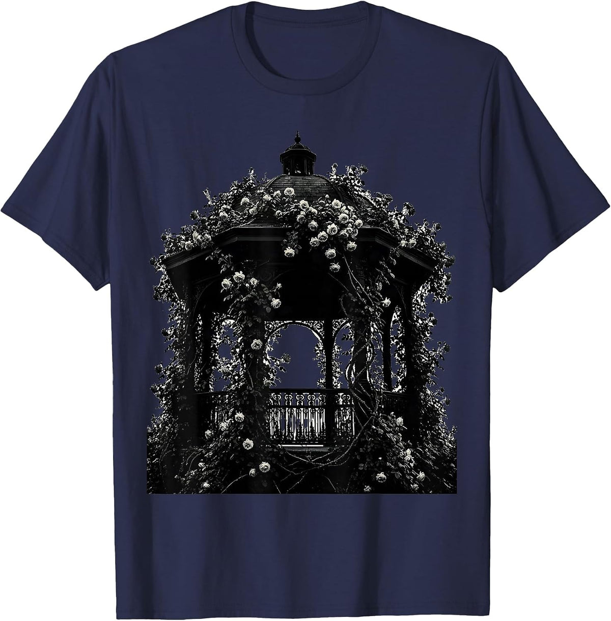 Park Gazebo Climbing Roses Botanical Illustration T-Shirt - Navy Blue