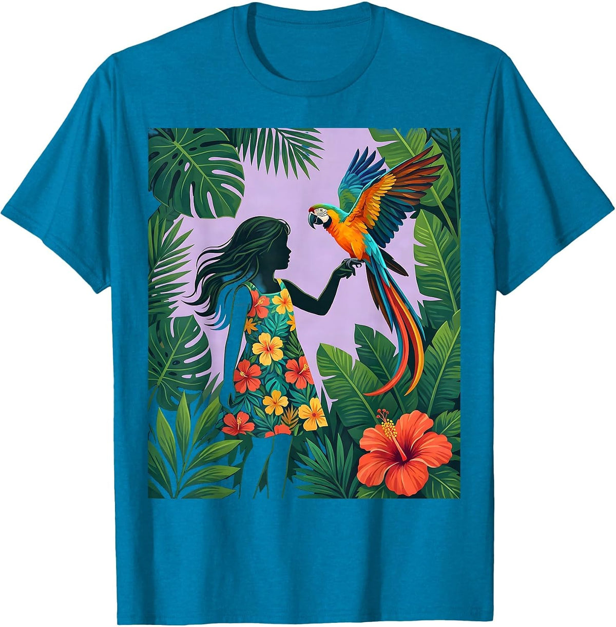 Tropical Parrot on Hand Girls Hawaiian Design T-Shirt - Sapphire Blue