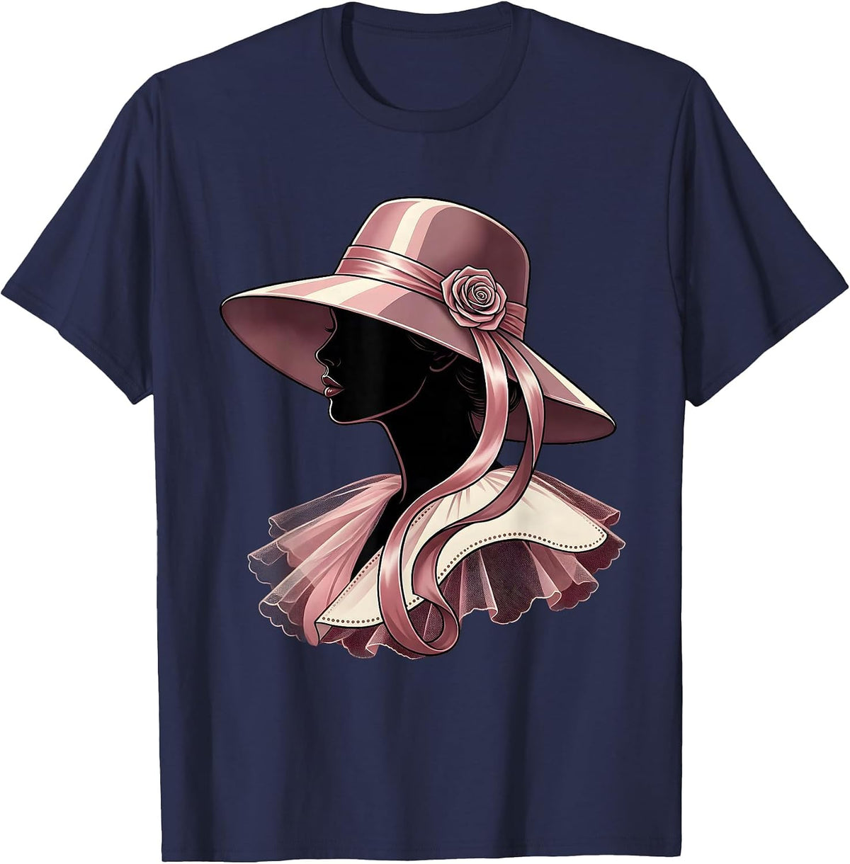 Gigi Elegant Wide-Brim Hat Profile Illustration T-Shirt - Navy Blue