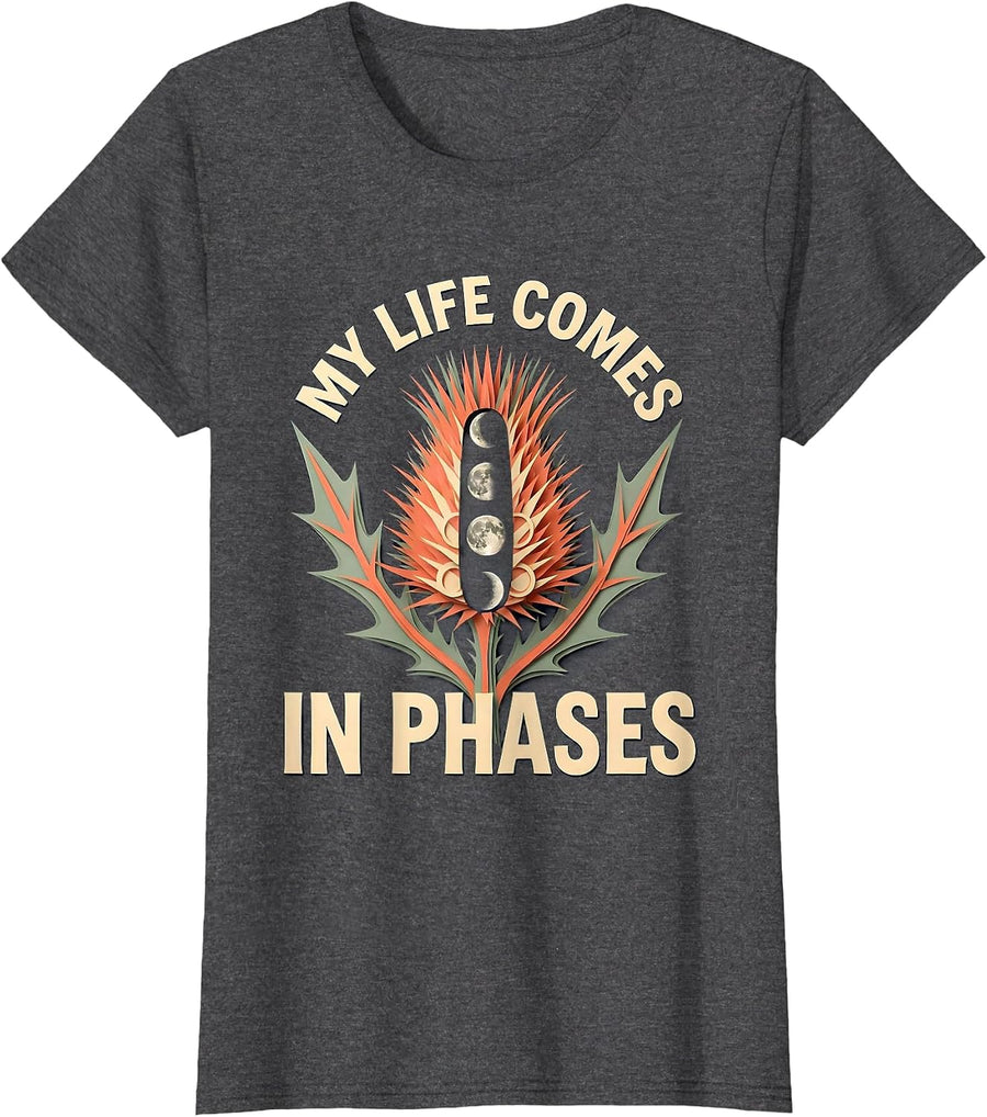 Women's My Life Comes In Phases Boho Celestial Moon Phases Astrology T-Shirt - Dark Heather Grey