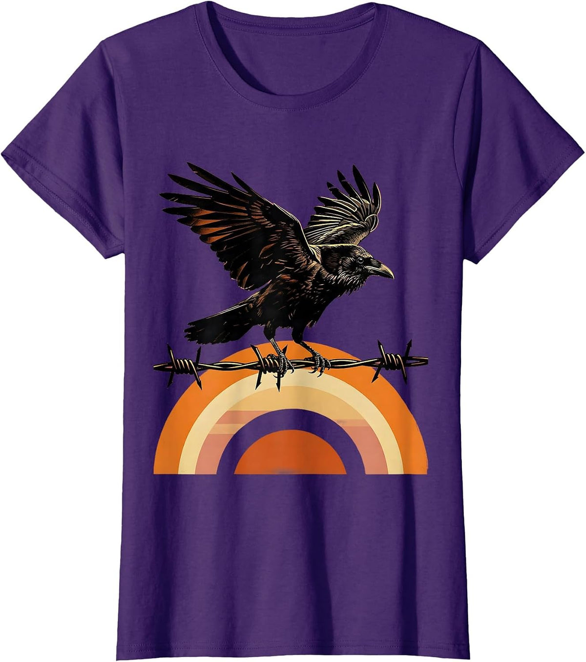 Women's Crow on Barbed Wire Sunrise Illustration T-Shirt - Purple