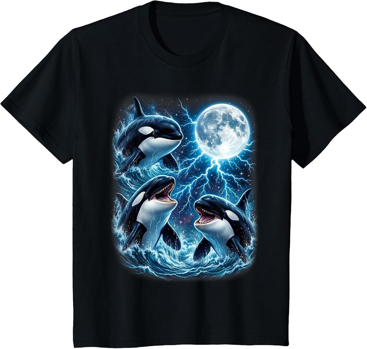 Majestic Three Orca Moon Lightning Sea Life Art T-Shirt - Black