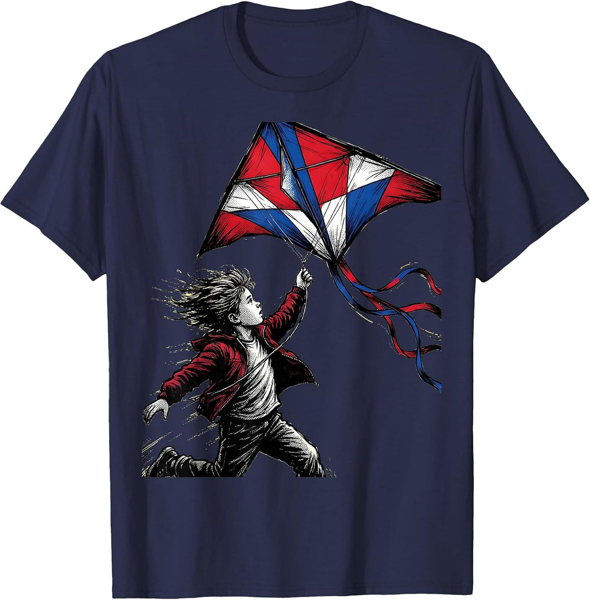 Red White and Blue Kite Launch Graphic T-Shirt - Navy Blue