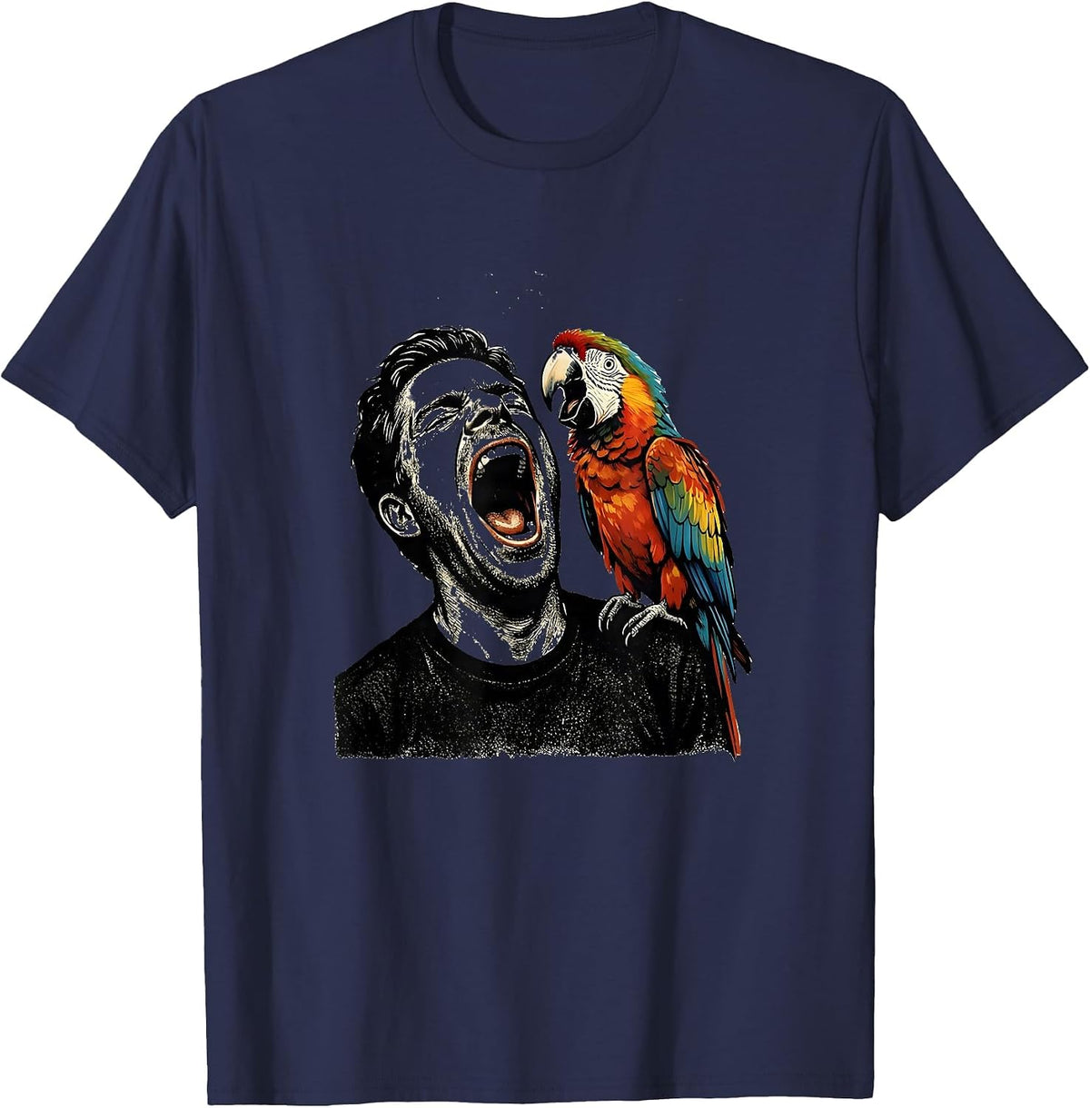 Men's Funny Parrot Mimicking Yawning Man on Shoulder T-Shirt - Navy Blue