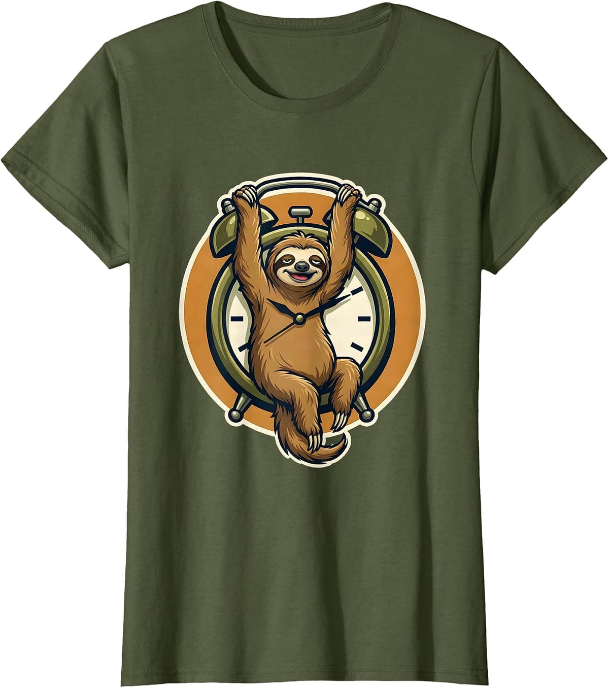 Women's Sleepy Sloth Hanging From Alarm Clock Funny T-Shirt - Olive Green
