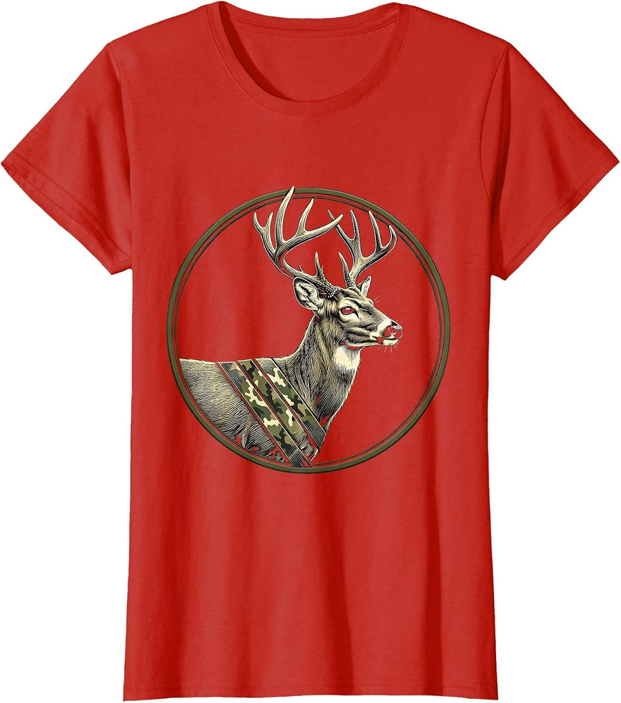 Women's Whitetail Buck Camo Flag Minimalist Hunting Dad Gift T-Shirt - Red