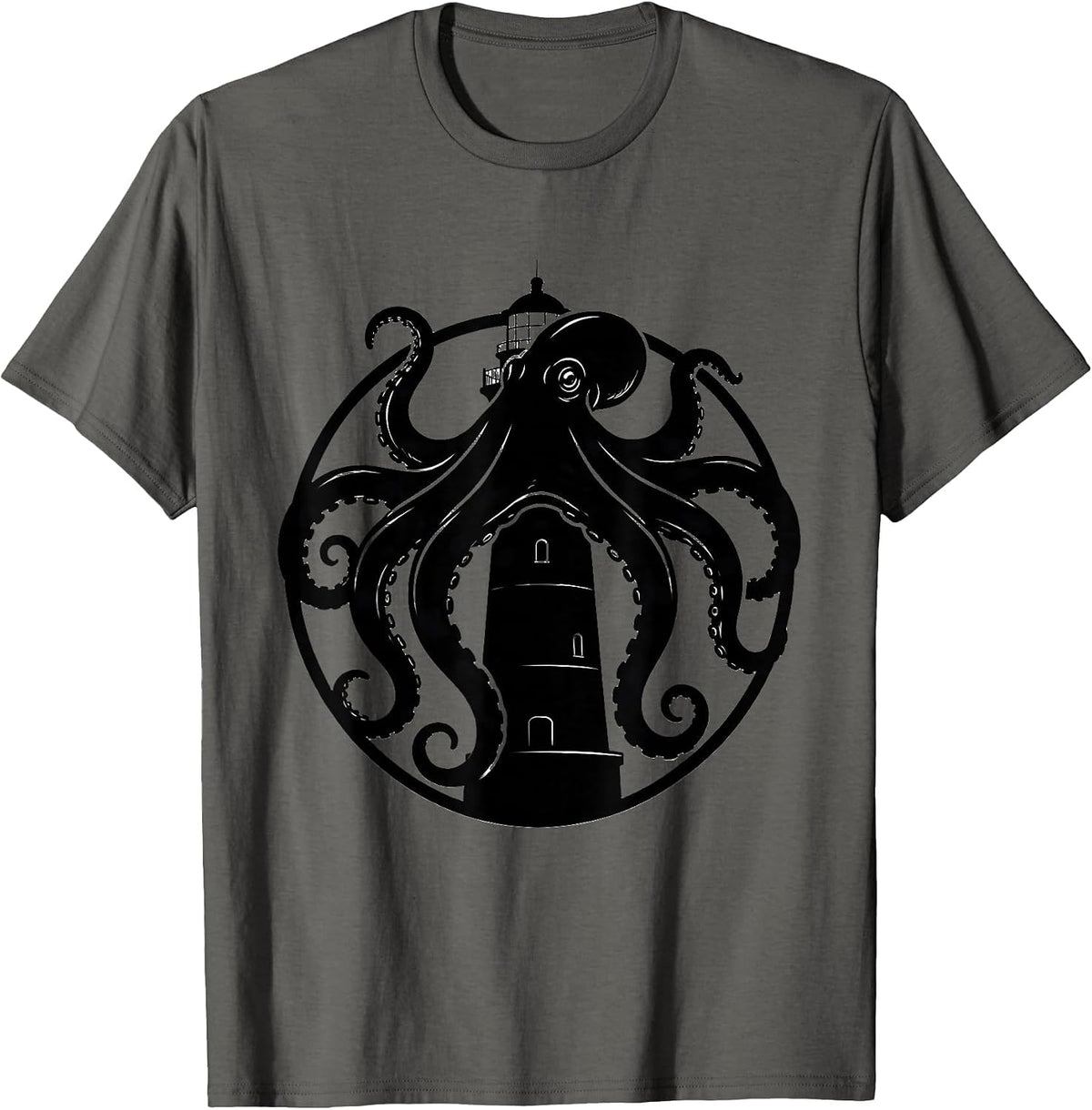 Giant Octopus Gripping Lighthouse Pirate Design T-Shirt - Asphalt Grey