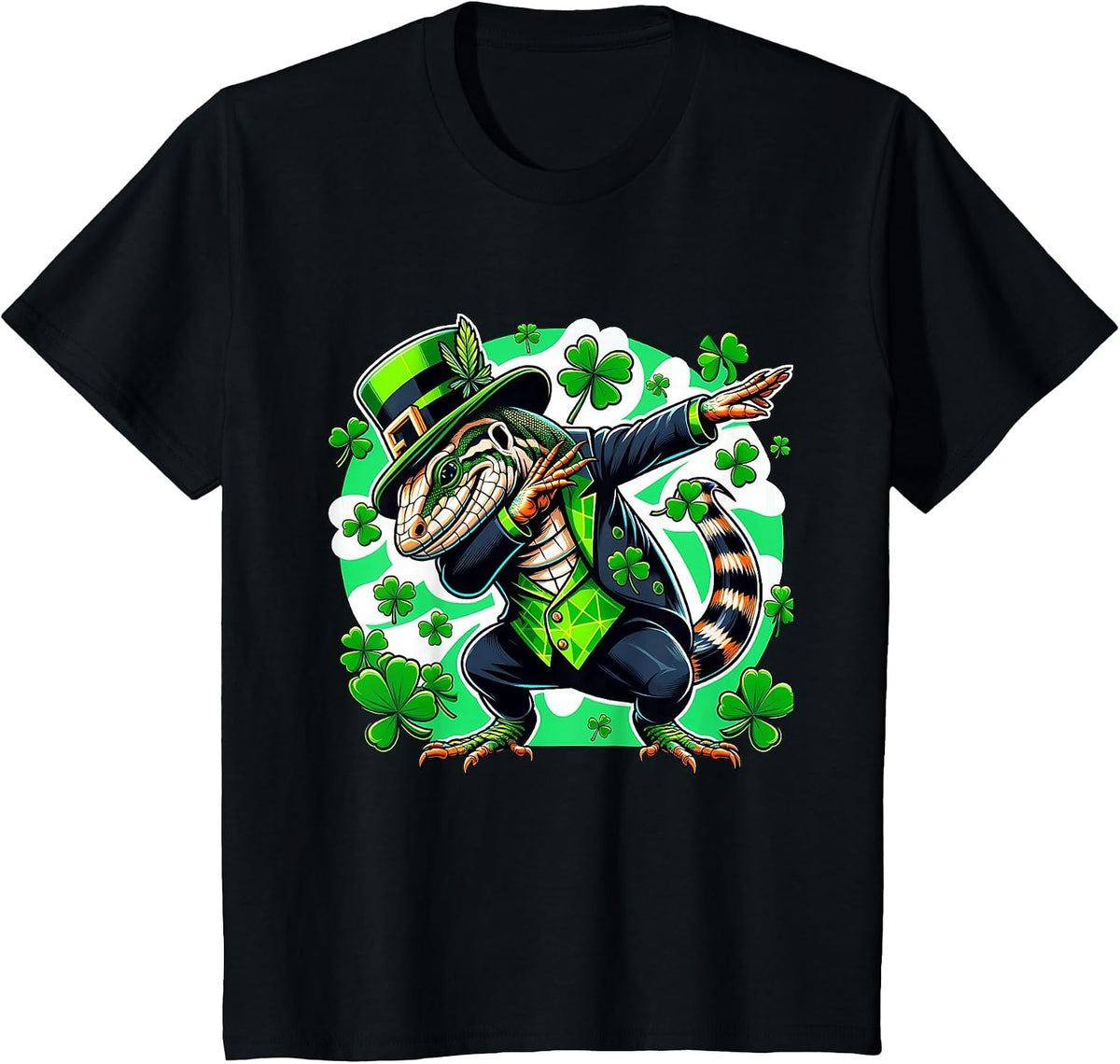 St Patricks Leprechaun Dabbing Argentine Tegu T-Shirt - Black