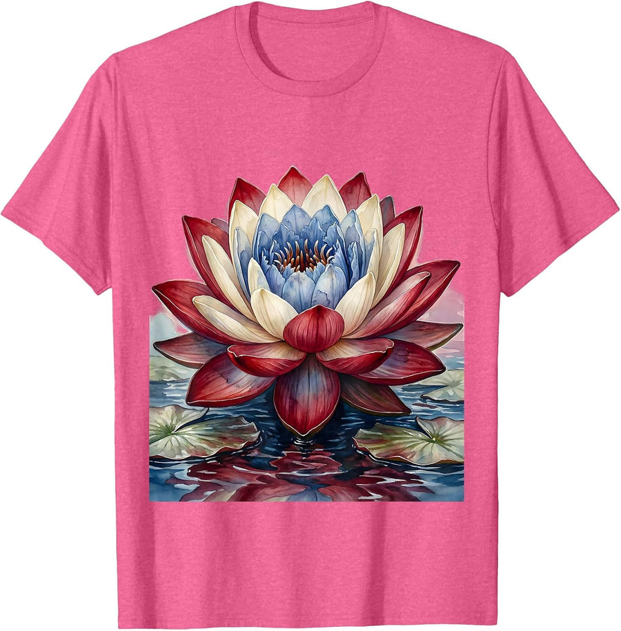 Red White Blue Lotus Flower Blooming Graphic T-Shirt - Pink Heather