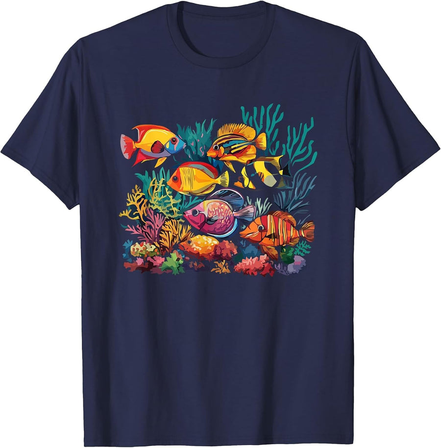Colorful Fish Coral Reef Underwater Paradise T-Shirt - Navy Blue