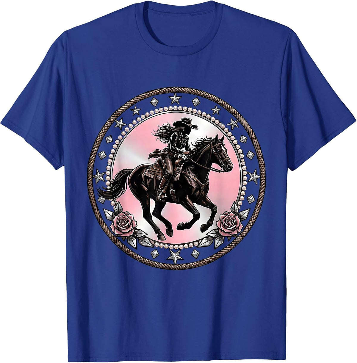 Men's Cowgirl Riding Horse Sunset Silhouette T-Shirt - Royal Blue