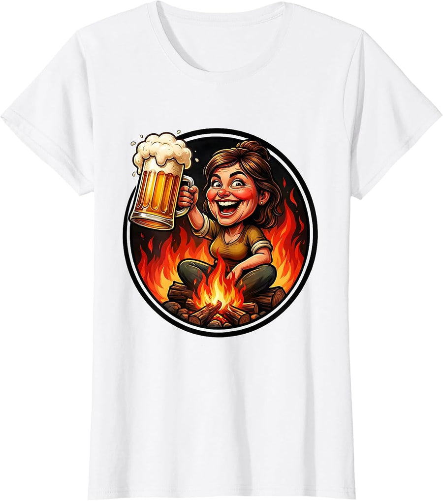 Women's Woman With Beer Mug Campfire Graphic T-Shirt - White