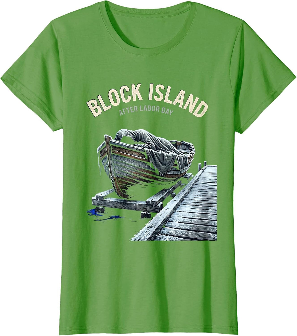 Women's Block Island After Labor Day Vintage Crossed Oars & Boat T-Shirt - Grass Green