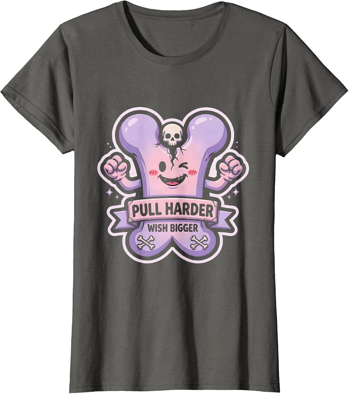 Women's Pull Harder Wish Bigger Wishbone Graphic Design T-Shirt - Asphalt Grey