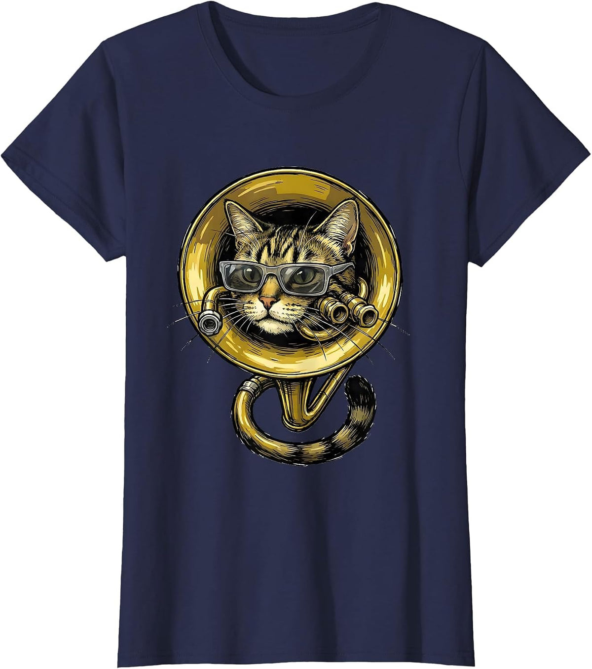 Women's Trumpet Cat With Sunglasses Funny Musician Humor T-Shirt - Navy Blue